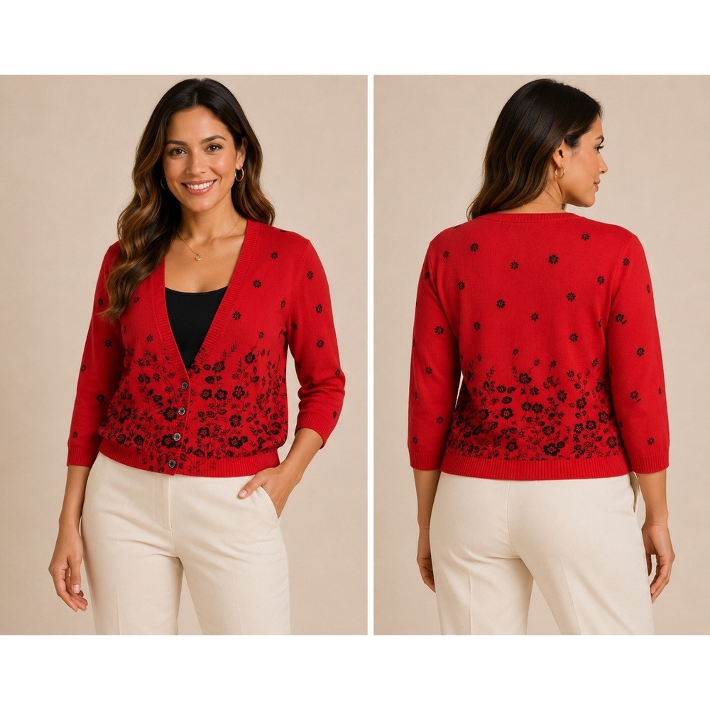 Cathy‎ Daniels 1X Red Black Floral Button Front Cardigan Sweater Plus Super Cute